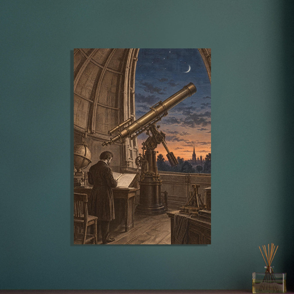 Large brass-toned telescope in an observatory, with a figure studying a chart beneath a blue sky and crescent moon.