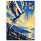 Blue and cream bird flying over a golden sun and rugged blue coastline, with radiating beams and “Feeling Good” lettering.