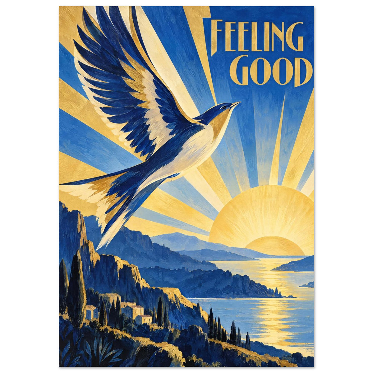 Blue and cream bird flying over a golden sun and rugged blue coastline, with radiating beams and “Feeling Good” lettering.
