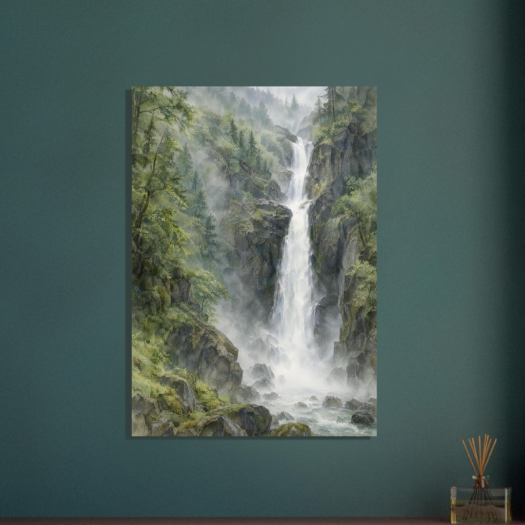 Waterfall cascading between grey rocky cliffs, surrounded by green forest, drifting mist and a boulder-strewn stream.