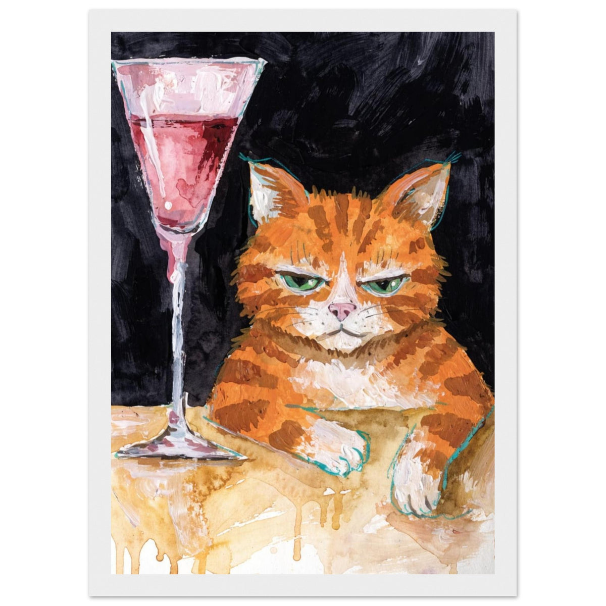 Ginger cat with green eyes resting its white paws on a golden table beside a tall glass of pink liquid, on black.
