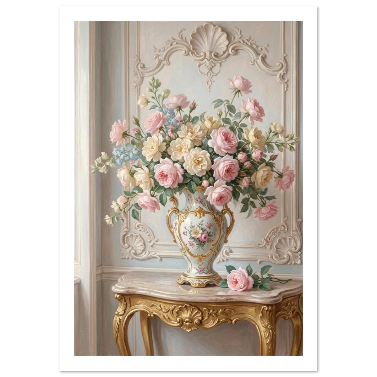 Pink and cream roses in a gold-trimmed floral vase on a gilded console table against ornate pale wall panelling.