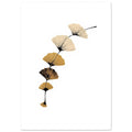 Six fan-shaped ginkgo leaves in cream, ochre and brown on a curved black stem against a white background.