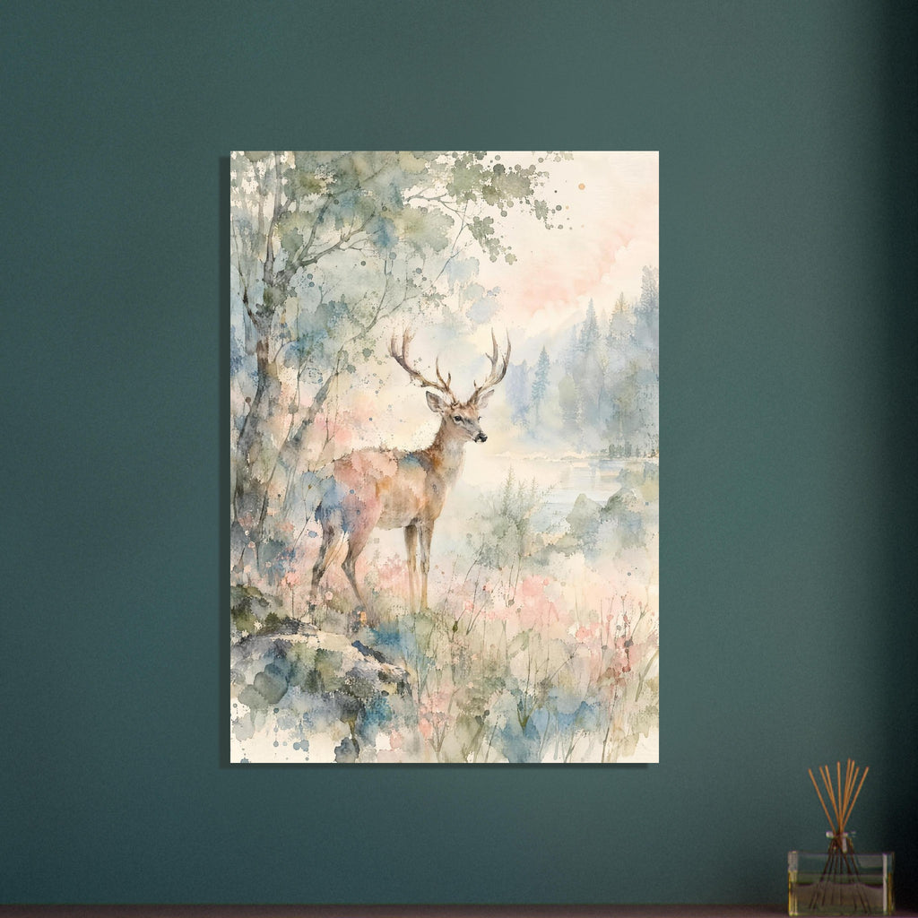 Antlered deer beside a tree and water, with misty conifers and loose watercolour washes of green, blue and pink.