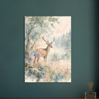 Antlered deer beside a tree and water, with misty conifers and loose watercolour washes of green, blue and pink.
