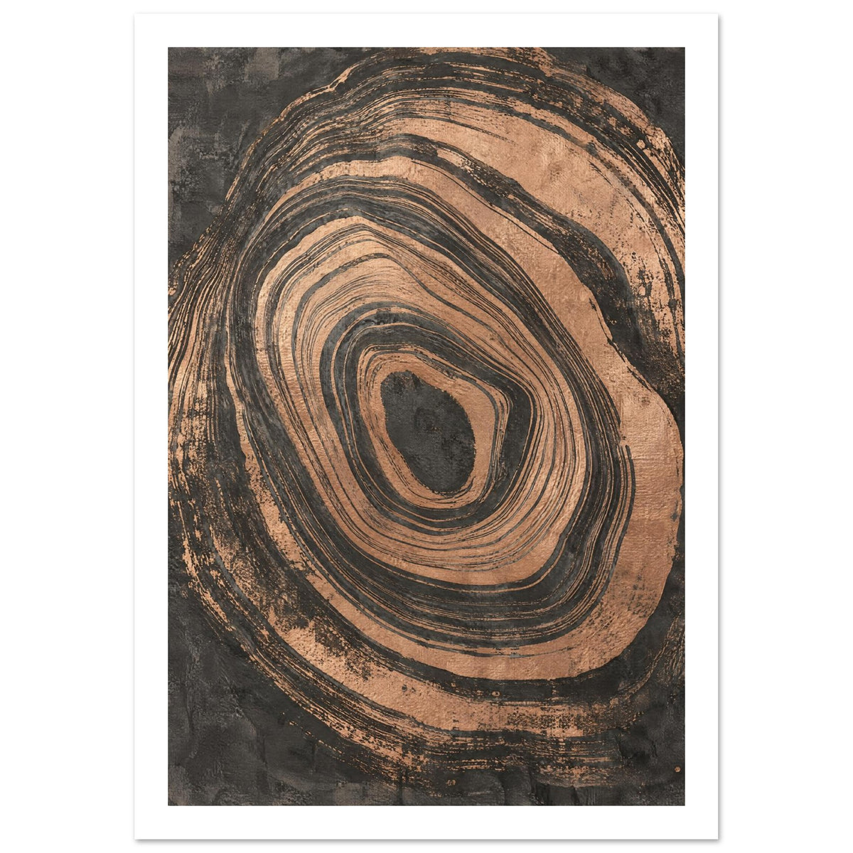 Irregular copper-toned concentric rings with distressed edges surrounding a dark centre on a textured charcoal background.