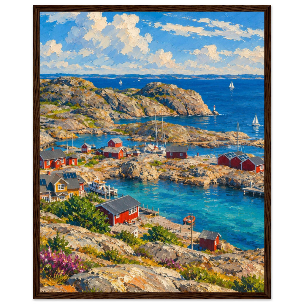 Rocky harbour with red cabins, wooden jetties and sailboats on blue water beneath cream clouds, with flowers in front.