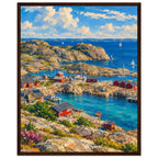 Rocky harbour with red cabins, wooden jetties and sailboats on blue water beneath cream clouds, with flowers in front.