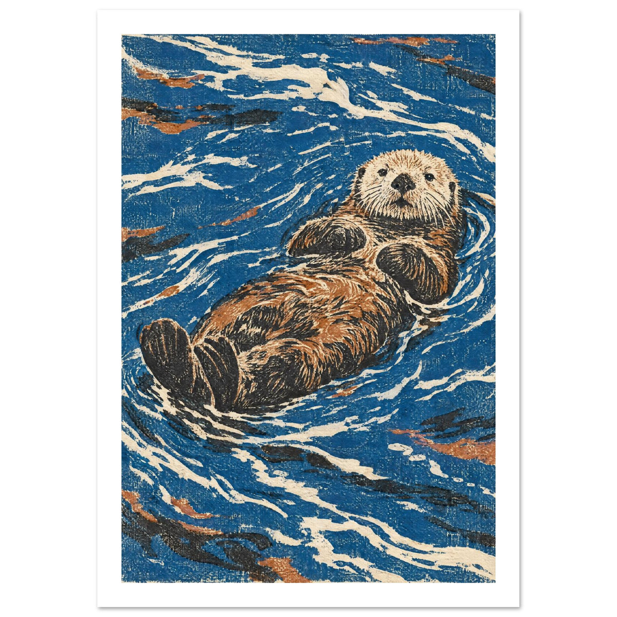 Sea Otter Blue Water Art Print – White Border