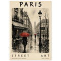 Paris street illustration with red umbrellas, Café de Flore, wet paving and an ornate lamp, bordered by cream typography.