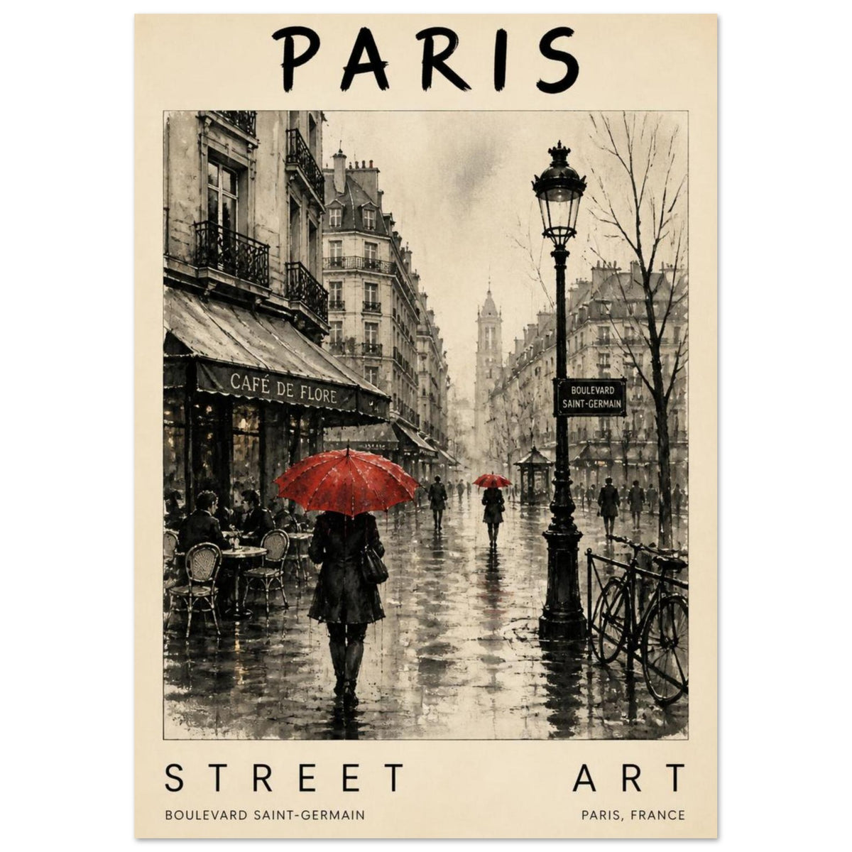 Paris street illustration with red umbrellas, Café de Flore, wet paving and an ornate lamp, bordered by cream typography.
