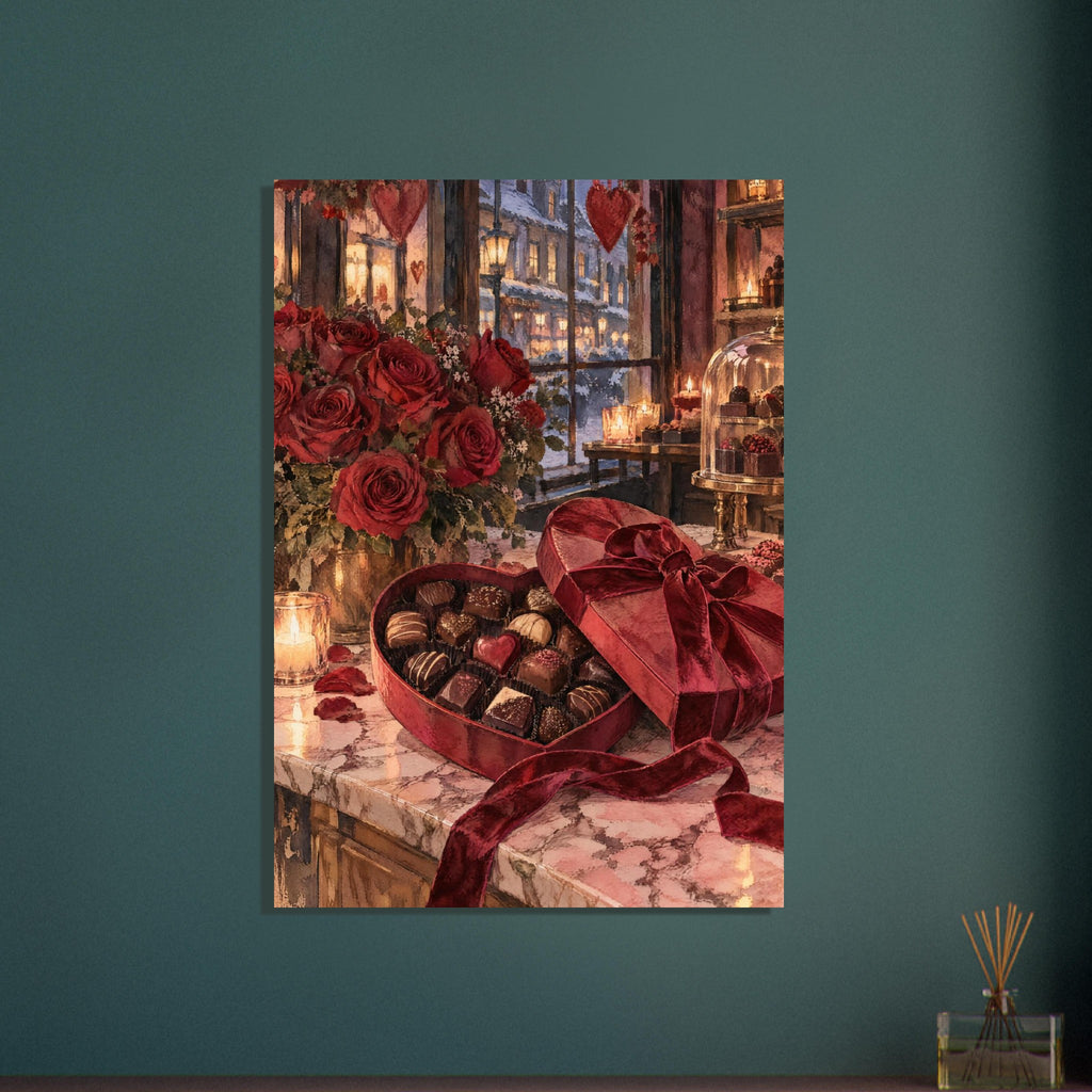 Red roses beside an open heart-shaped chocolate box on a marble counter, with candles and a snowy street beyond the window.