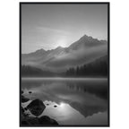 Mountain peaks and conifer forests reflected in a misty lake, with rocks in the foreground, in black and white.