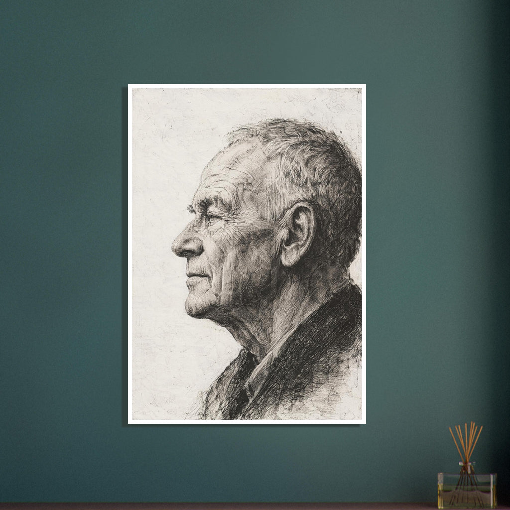 Older man in left-facing profile, drawn with fine dark lines and dense cross-hatching on a textured cream background.