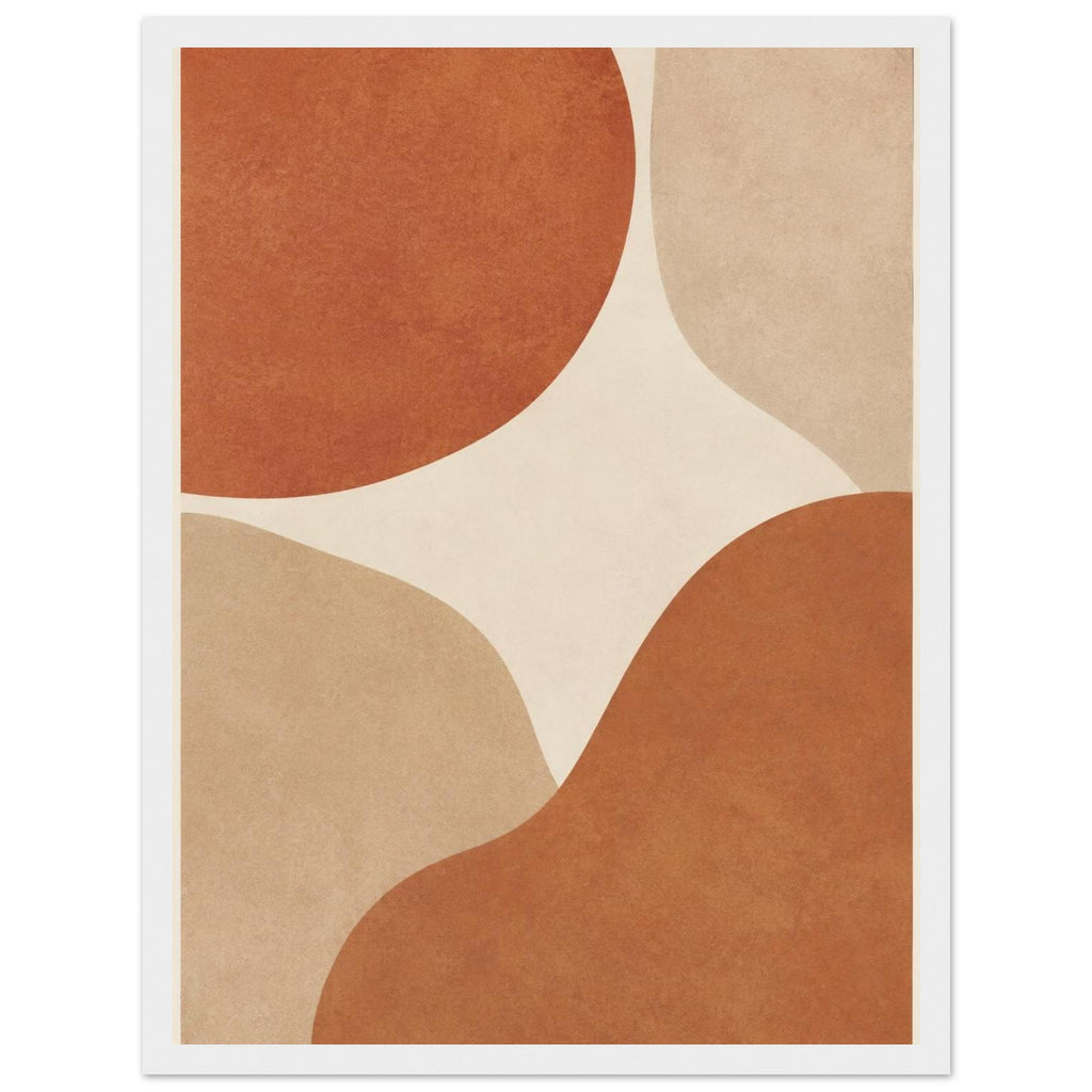 Abstract burnt orange and beige curved shapes on a cream background, with mottled texture and a narrow cream border.