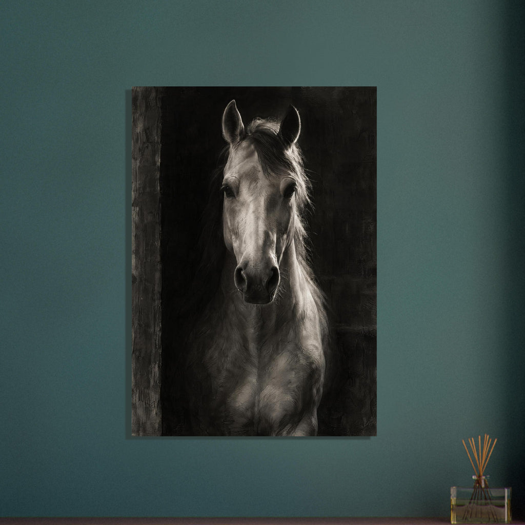 Horse in Half-Light, a frontal horse portrait emerging from a dark doorway with light tracing one ear and its mane.