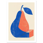 Stylised blue and coral pear with a blue leaf and geometric base, rendered in a distressed texture on cream.