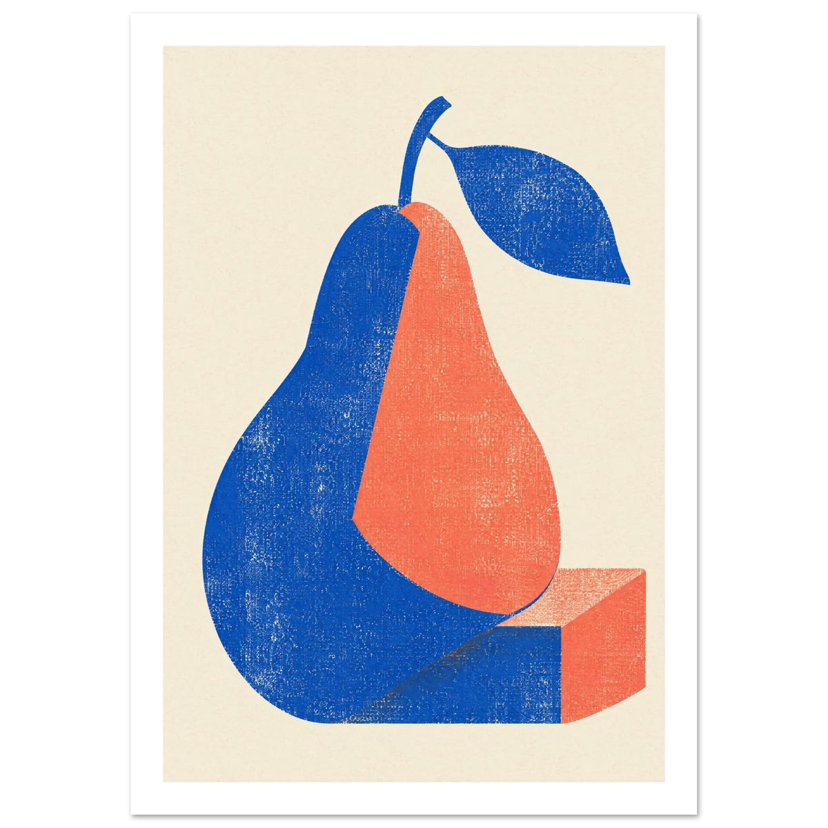 Stylised blue and coral pear with a blue leaf and geometric base, rendered in a distressed texture on cream.