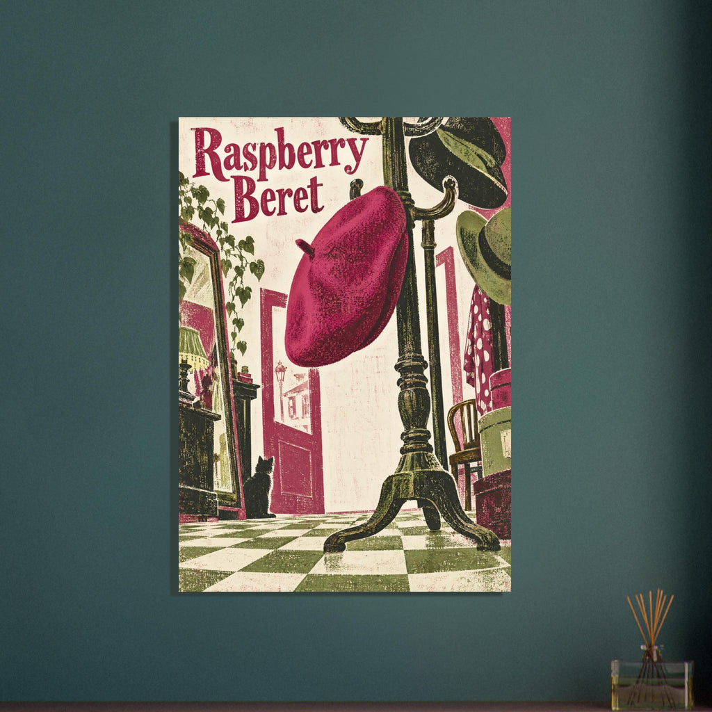 Raspberry beret on a dark hat stand above a chequered floor, with hats, a mirror, a cat and Raspberry Beret lettering.