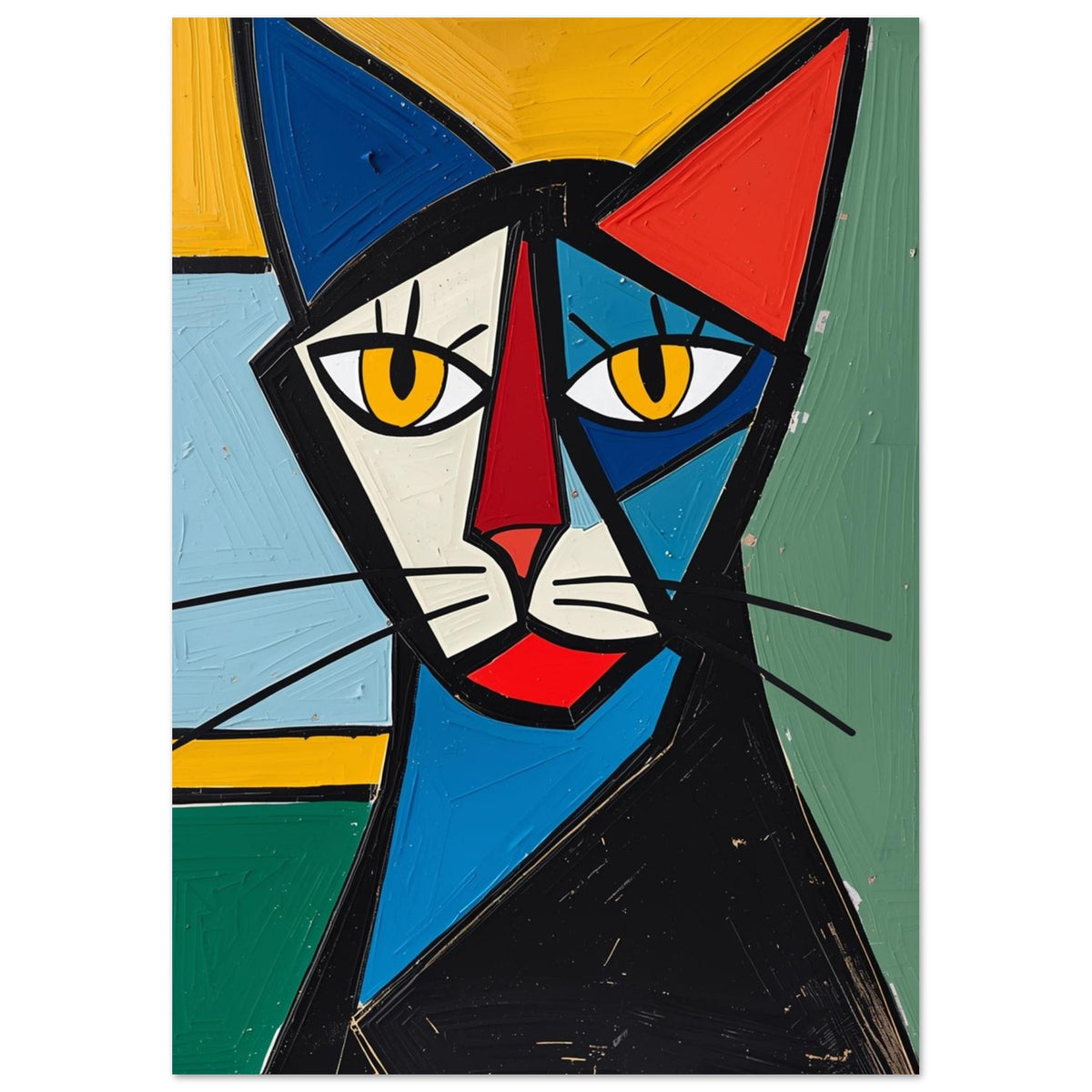 Cubist cat with yellow eyes, angular blue, cream and red features, and black whiskers against a colourful background.