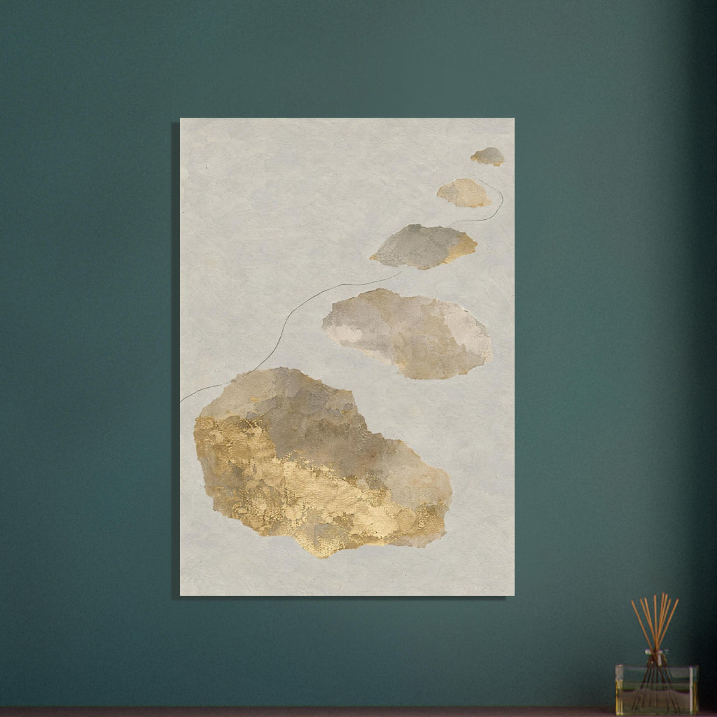 Irregular beige, grey and gold-coloured shapes ascend a pale textured background, with a fine dark line curving between them.