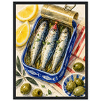 Three sardines in an open blue tin, one wearing a red party hat, surrounded by lemon wedges, olives and striped cloth.