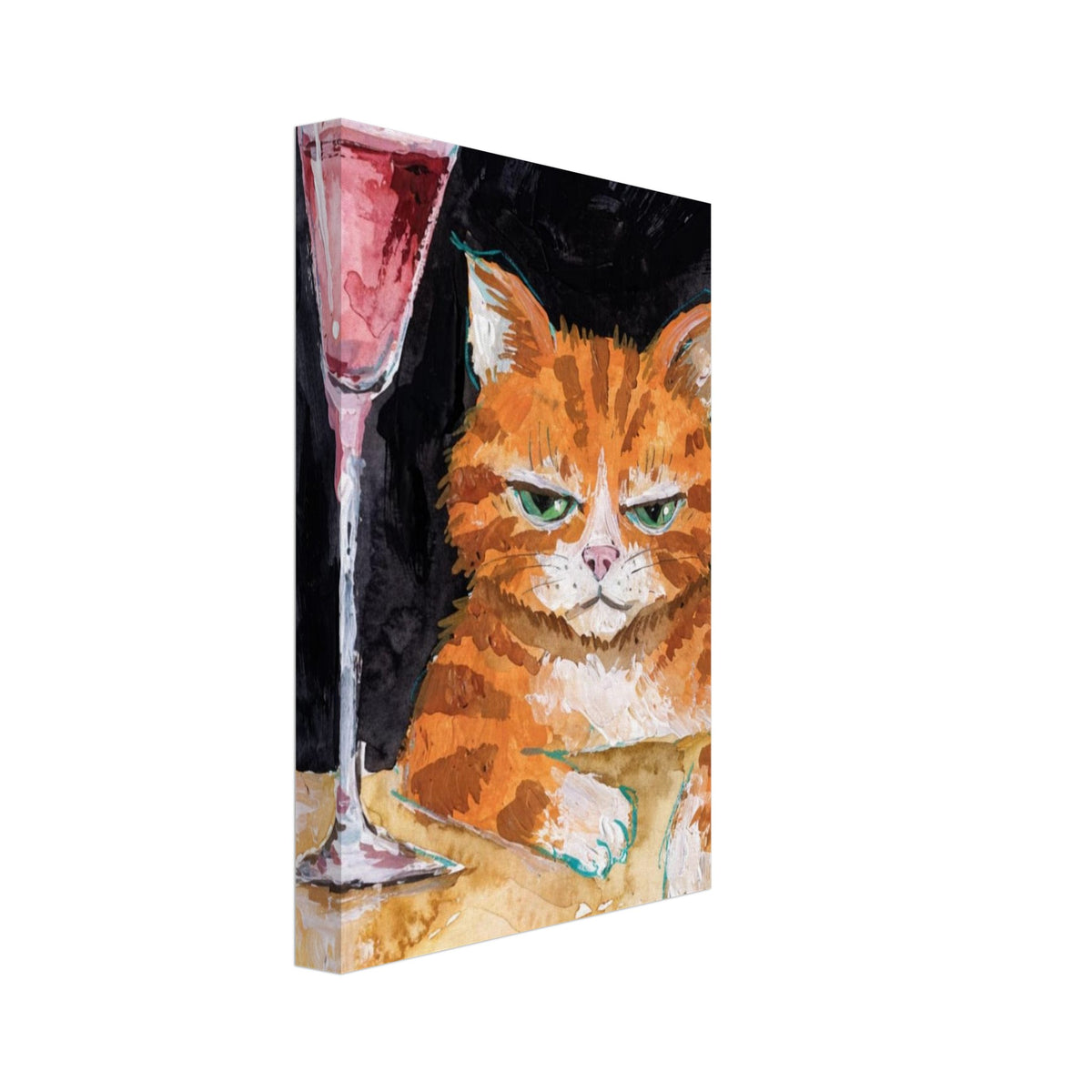 Ginger tabby cat resting white paws on a golden table beside a tall pink drink, against a brush-textured black background.