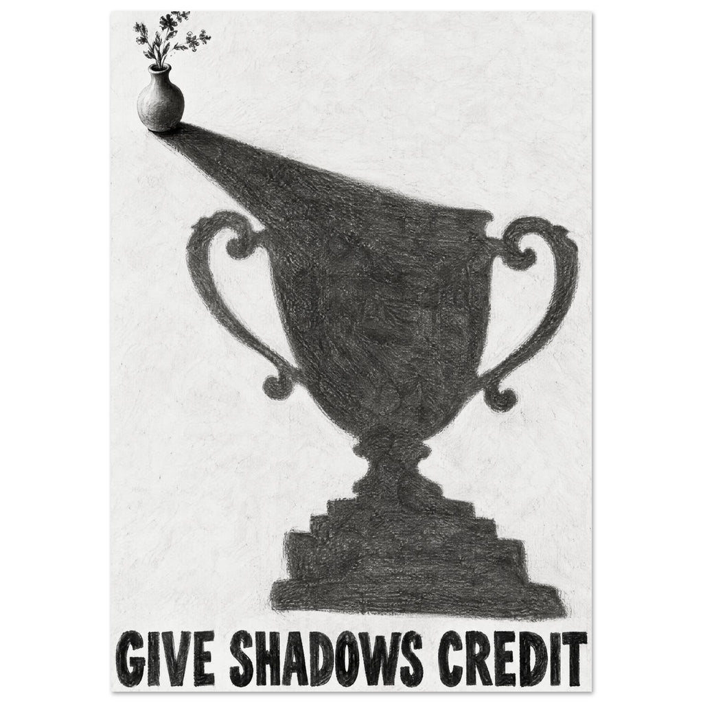 Small flower vase casting a large trophy-shaped shadow above bold lettering reading ‘GIVE SHADOWS CREDIT’.