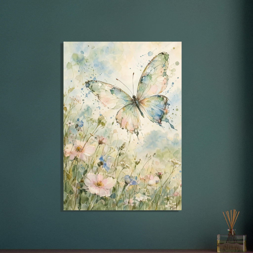 Pastel butterfly with spread wings above pink, blue and white wildflowers in soft green and blue watercolour washes.