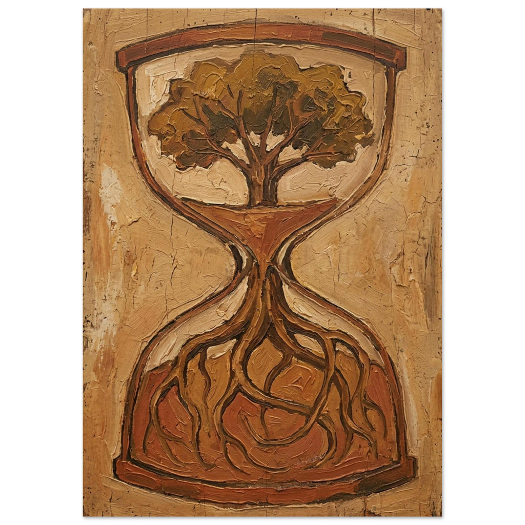 Tree inside an hourglass, with roots spreading into the lower chamber, painted in ochre, brown and sandy beige.