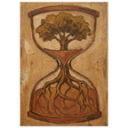 Tree inside an hourglass, with roots spreading into the lower chamber, painted in ochre, brown and sandy beige.