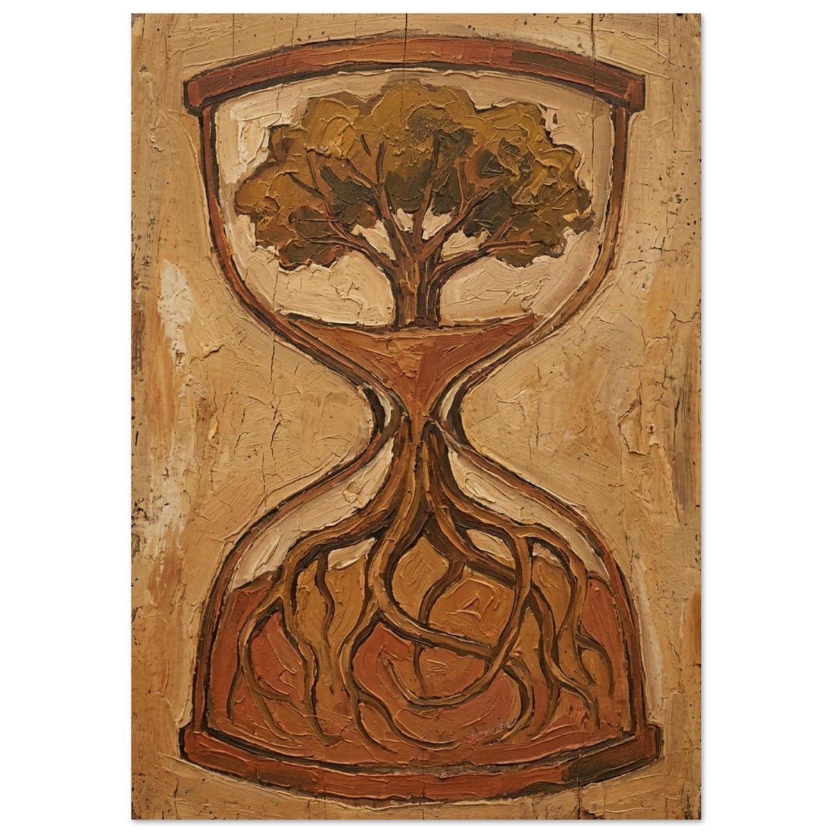 Tree inside an hourglass, with roots spreading into the lower chamber, painted in ochre, brown and sandy beige.
