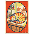 Ginger cat curled asleep on a windowsill, with potted plants and rooftops behind, inside an orange-red oval border.