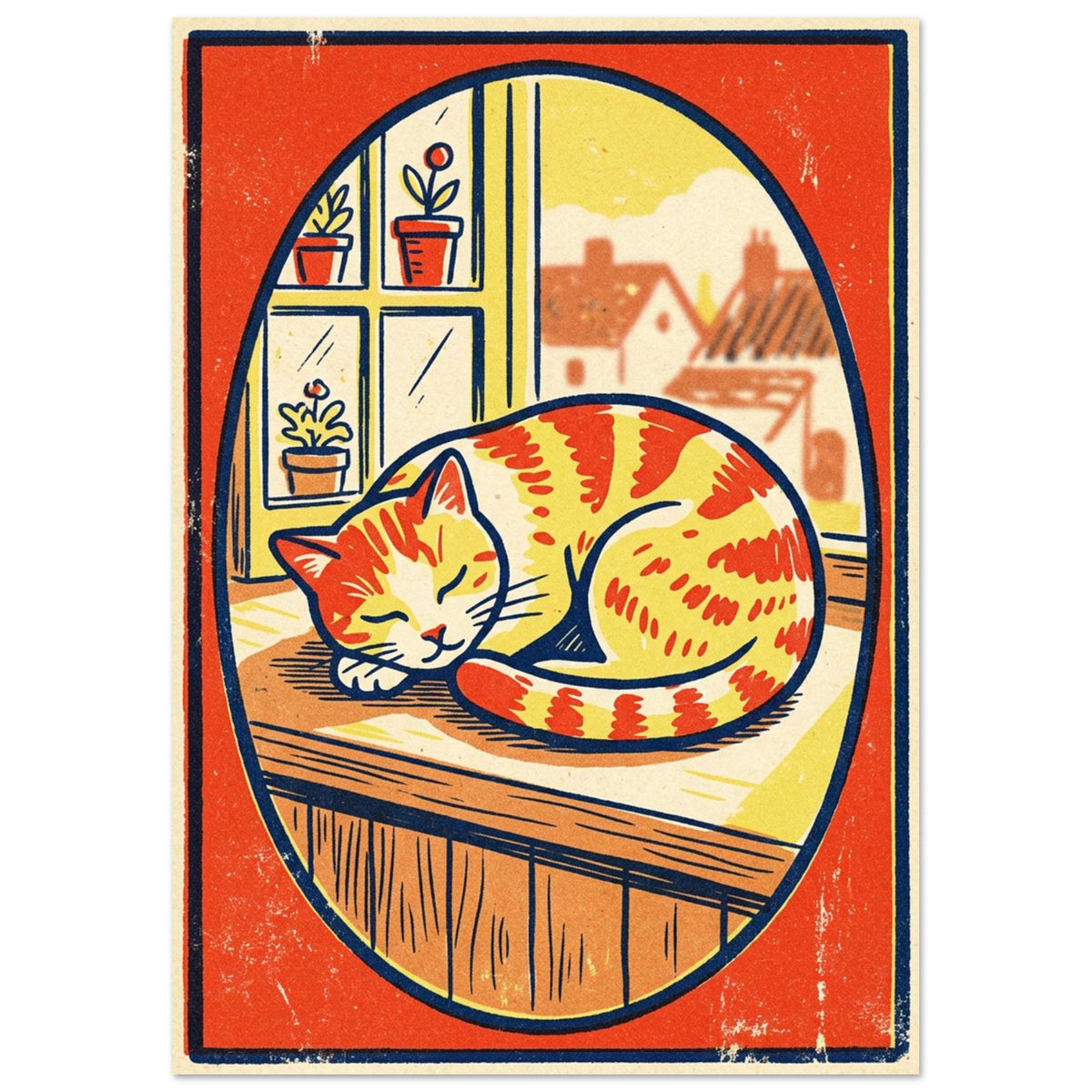 Ginger cat curled asleep on a windowsill, with potted plants and rooftops behind, inside an orange-red oval border.