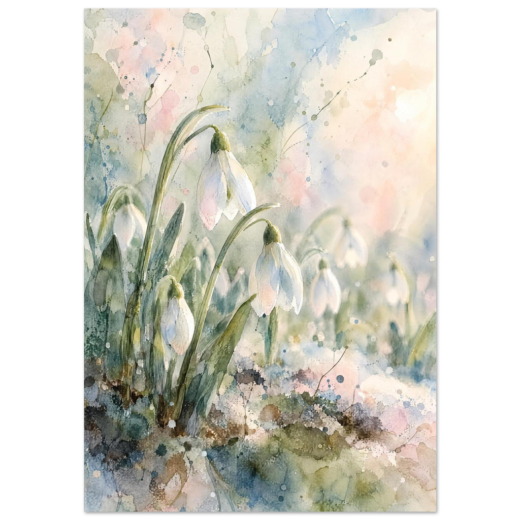 White snowdrops on curved green stems against loose watercolour washes of pale blue, pink and cream.