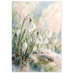White snowdrops on curved green stems against loose watercolour washes of pale blue, pink and cream.