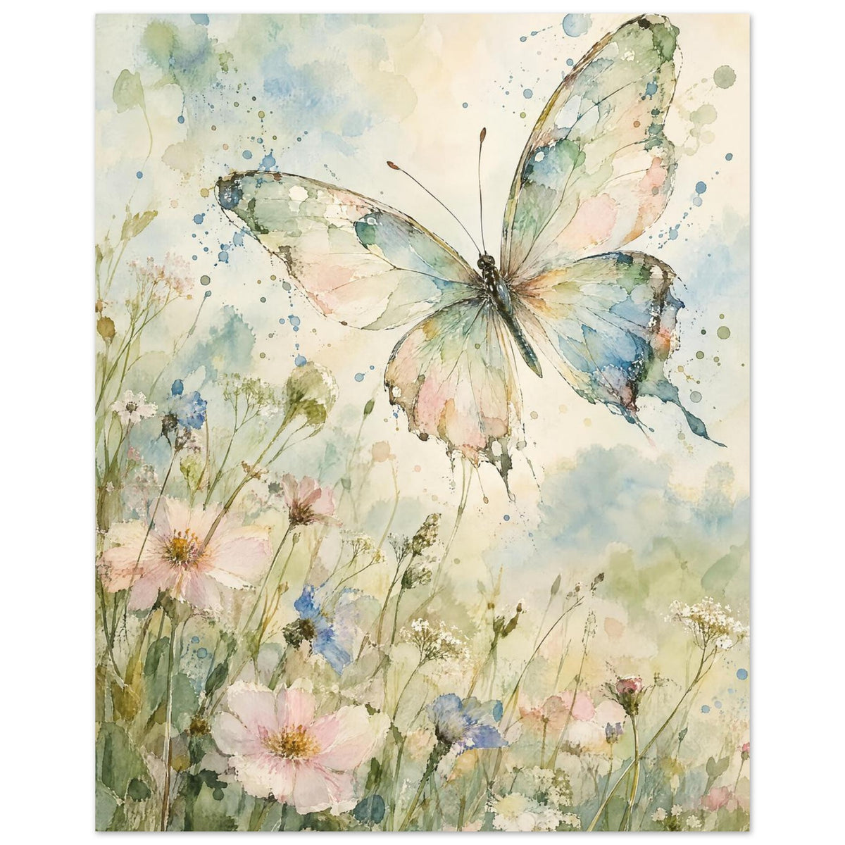 Pastel butterfly with spread wings above pink, blue and white wildflowers in soft green and blue watercolour washes.
