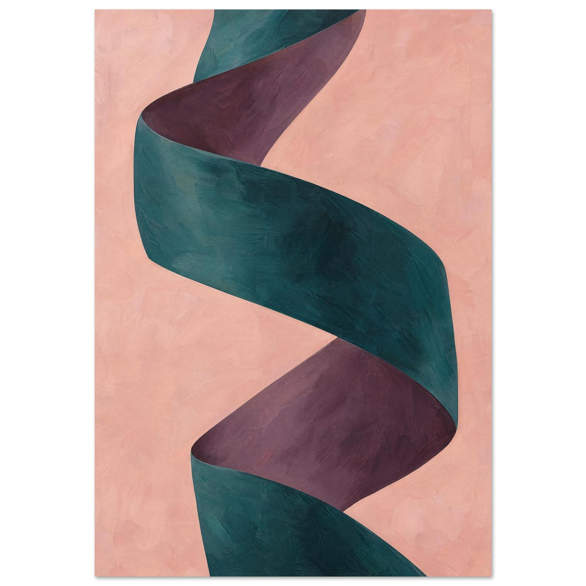 Twisting teal ribbon with plum-coloured inner folds on a textured peach background.