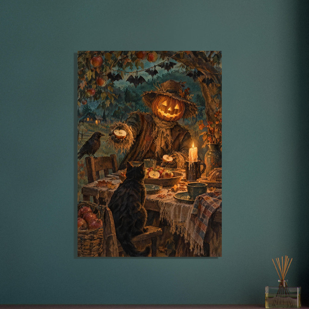 Pumpkin-headed scarecrow offering an apple at a candlelit table, with a black cat, dark bird and hanging bat decorations.