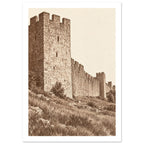 Crenellated stone tower and long fortress wall above rocky grassland, rendered in sepia brown against a cream sky.