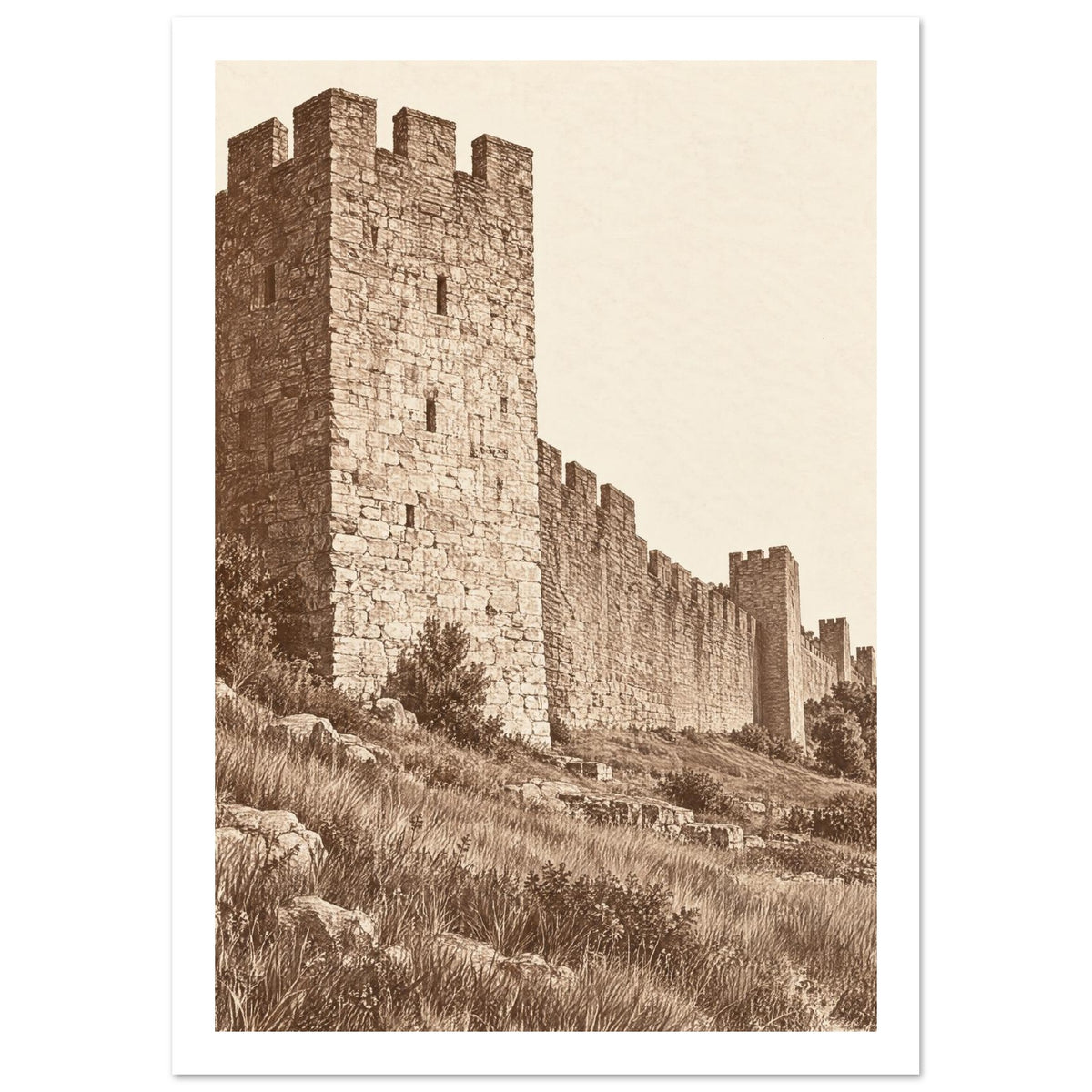 Crenellated stone tower and long fortress wall above rocky grassland, rendered in sepia brown against a cream sky.