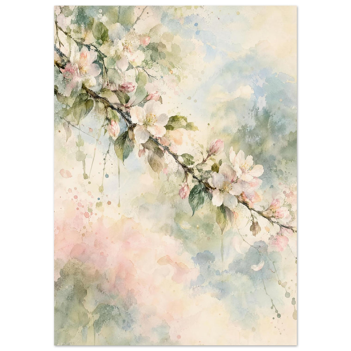 Flowering branch with pale pink and white blossom and green leaves against soft cream, blue and pink watercolour washes.