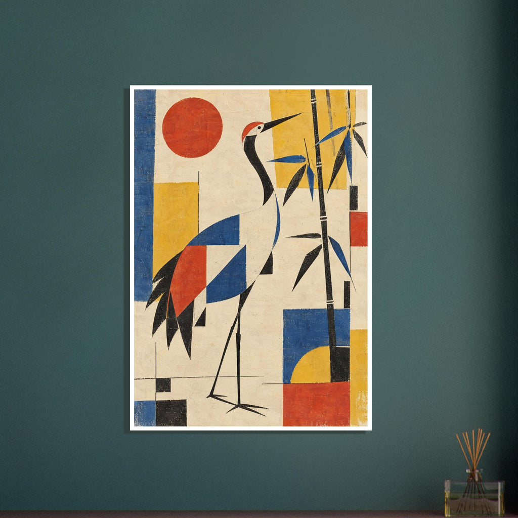 Stylised crane beside bamboo with red, blue and yellow geometric blocks on a textured cream background.