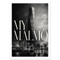 Malmö city montage with a twisting tower, waterfront buildings and reflections beneath large white ‘MY MALMÖ’ lettering.