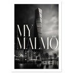 Malmö city montage with a twisting tower, waterfront buildings and reflections beneath large white ‘MY MALMÖ’ lettering.