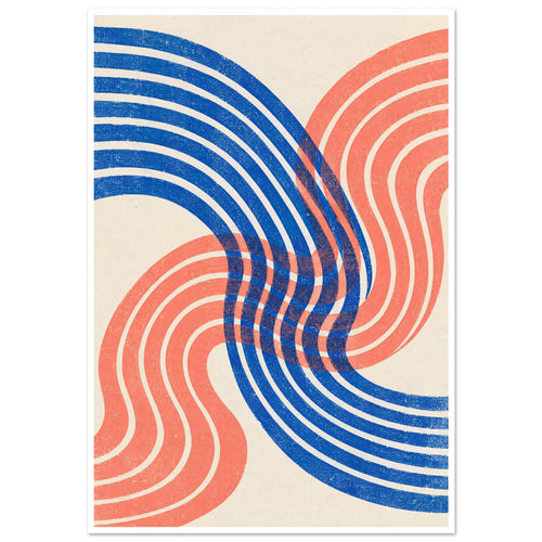 Blue and coral curved bands overlap across a cream background, with a distressed texture throughout.