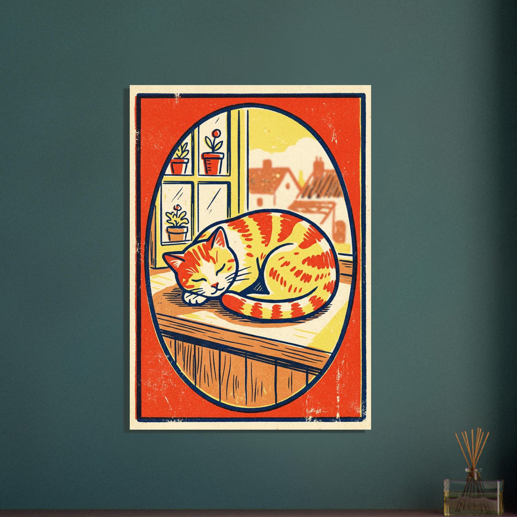 Ginger cat curled asleep on a windowsill, with potted plants and rooftops behind, inside an orange-red oval border.