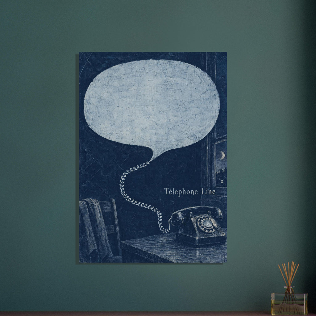 Rotary telephone on a table, its cord becoming a large speech bubble, with ‘Telephone Line’ text in a textured blue scene.