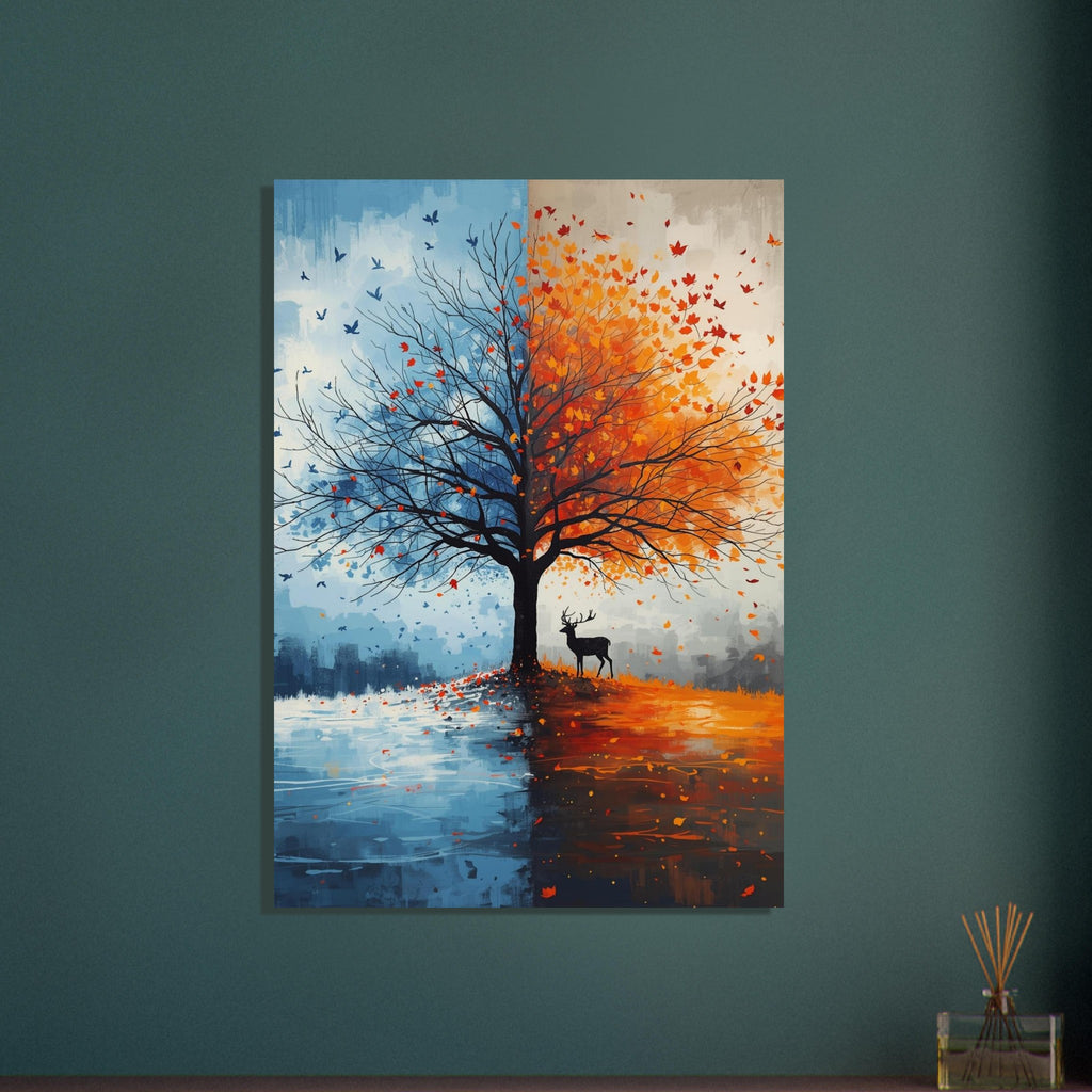 Tree divided between icy blue winter and orange autumn foliage, with flying birds, a stag and reflections below.