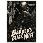 Sinister barber holding a razor over a terrified customer tangled in tendrils, with cream horror-film lettering.